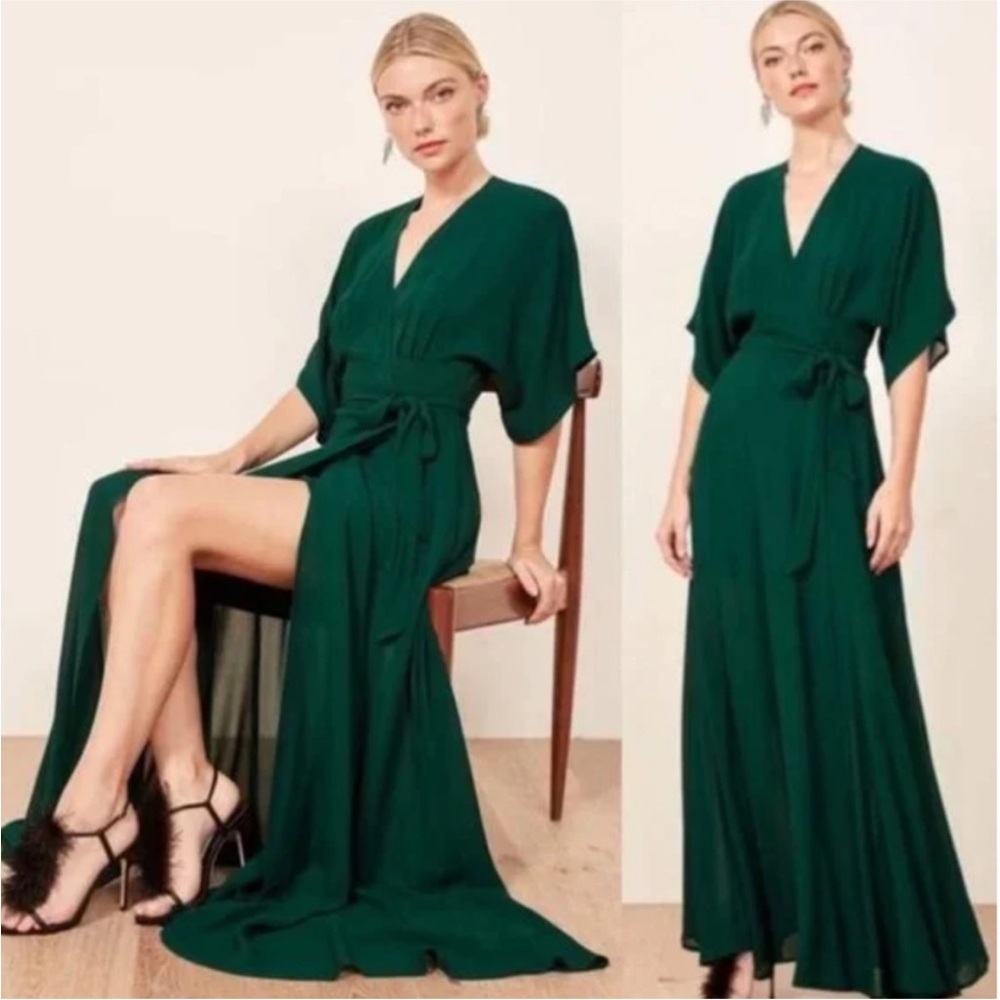 Reformation Winslow Emerald Green V-Neck Wrap Maxi Dress